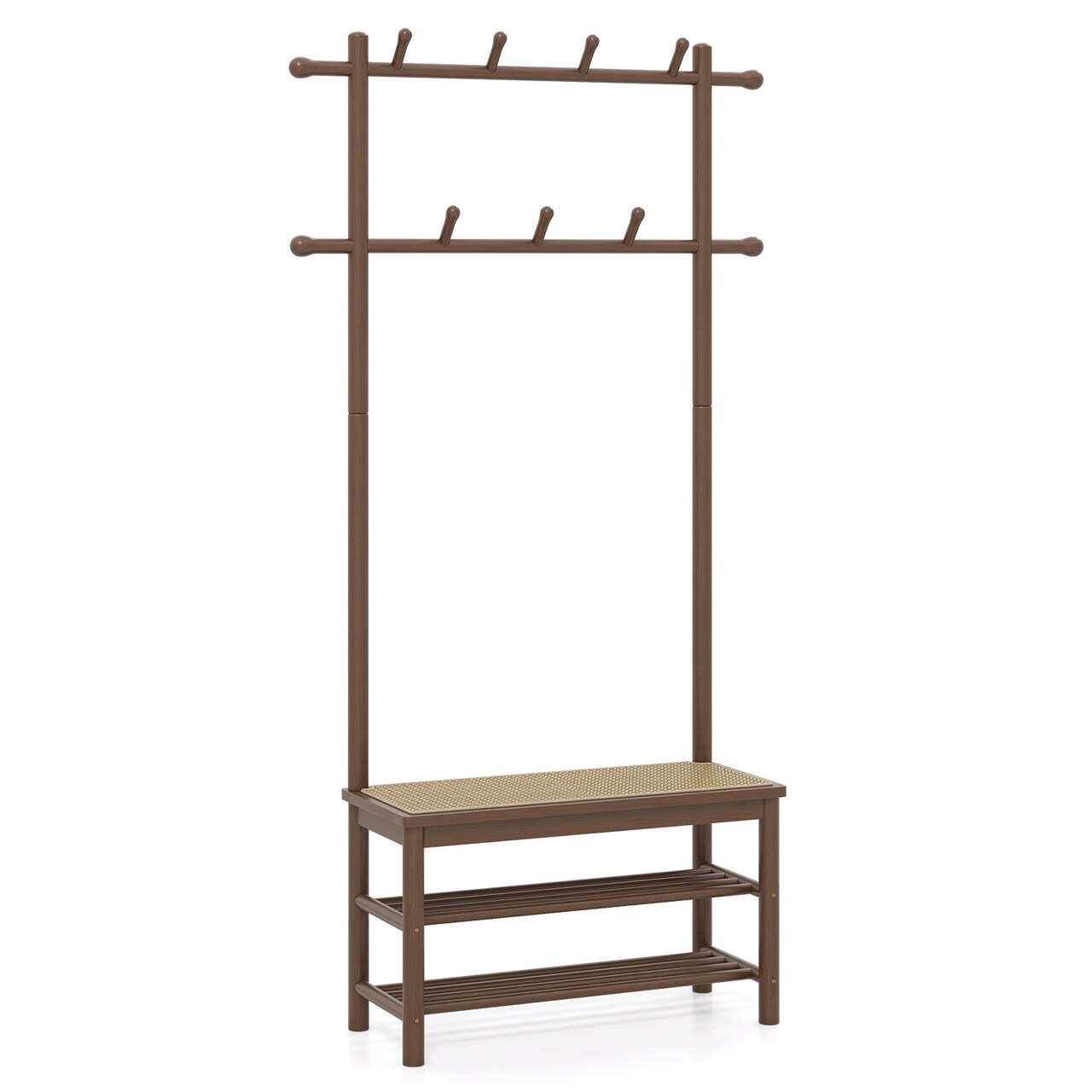 Coat Rack with Bench and Shoe Storage PE Rattan Entryway Organizer with Hooks
